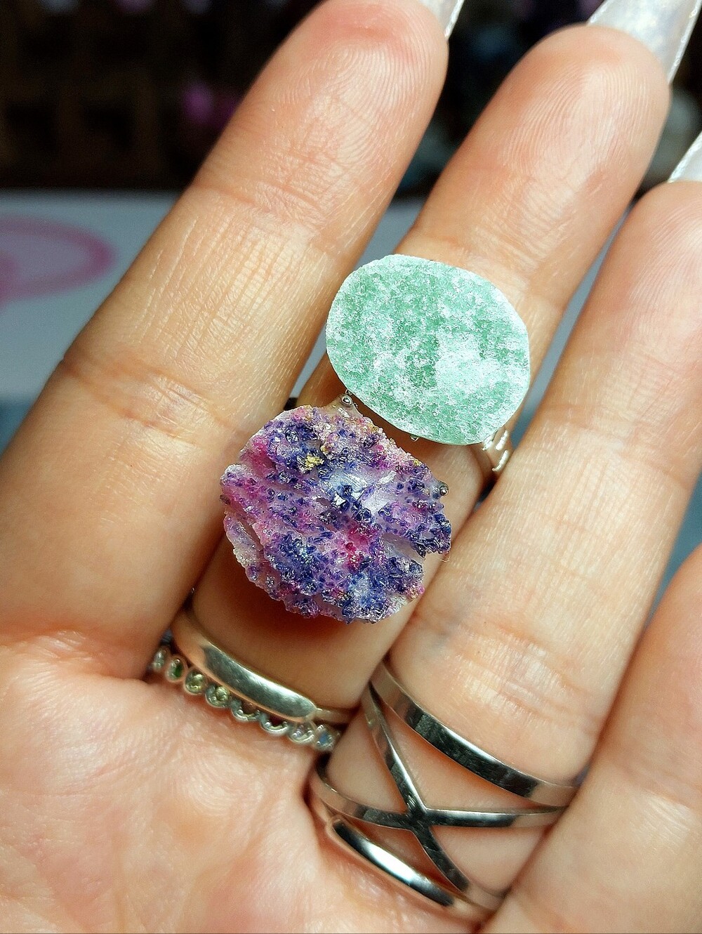 ⚒️ Raw Multi Corundum & Green Calcite Copper Specimen Ring